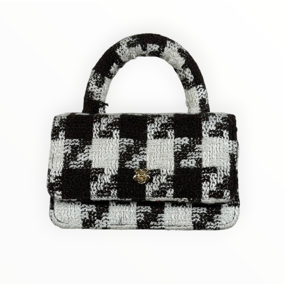 Black White Houndstooth Tweed Mini Top Handle Bag Gold Rose Clasp